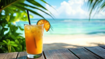 A glass of orange juice with a slice of orange and a straw on a wooden table with a tropical beach and palm leaves in the background.