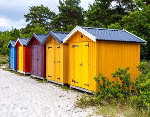 Colorful beach huts on sandy path