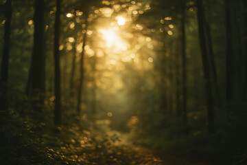 Fototapeta premium Serene forest scene bathed in soft, golden light, creating tranquil atmosphere. blurred trees and gentle glow evoke sense of peace and connection with nature