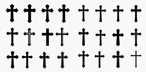 Fototapeta premium A collection of various black Christian cross symbols displayed in a grid on a transparent background.