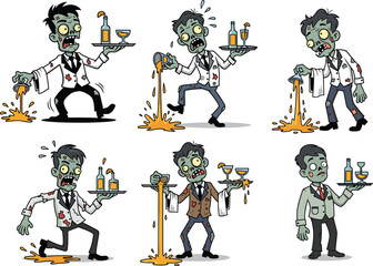 Funny zombie waiter spilling orange drink, cartoon undead bartender in torn formal wear, humorous Halloween character with tray and drinks.