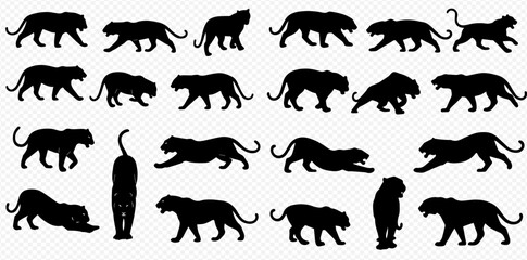 A diverse collection of black panther silhouettes showcasing various dynamic movements and powerful poses against a transparent background.