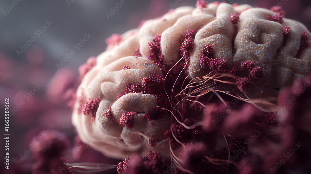 Poster a close up of a brain like structure with pink growths and thin strands around it