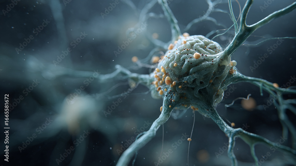 Poster a microscopic view of a neuron cell with dendrites and small particles around it