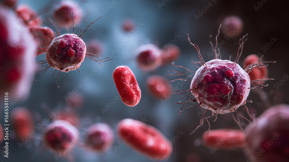 Poster microscopic view of red blood cells and cells with filamentous projections floating