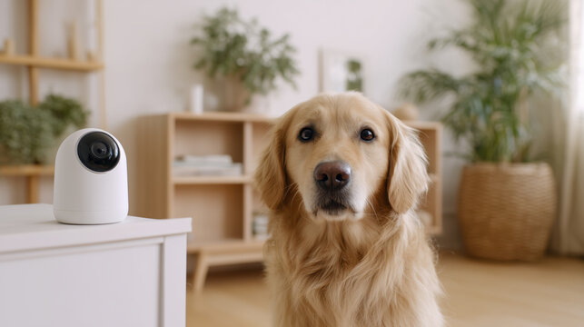 Golden retriever dog at home with smart pet monitoring camera