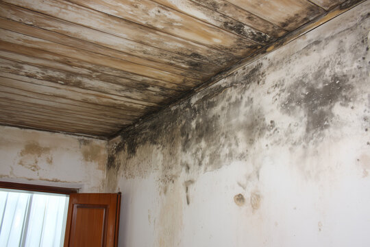 The corner of a room with a severe black mold and damp problem on the wall and ceiling
