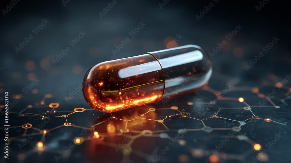Poster close up of a single capsule on a dark surface with glowing network connections