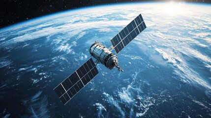 A satellite orbiting the Earth with solar panels.