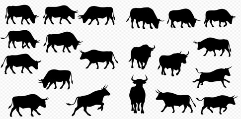 A collection of black silhouettes depicting various bovine animals like bulls, cows, and oxen in different poses against a transparent background.