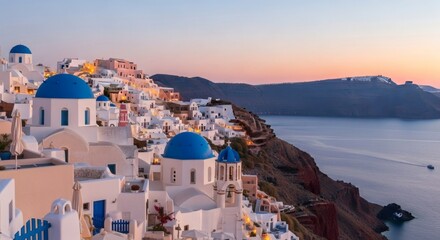 Iconic bluedomed churches and white buildings of oia, santorini, greece at sunset