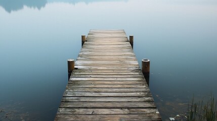 Naklejka premium A wooden dock extending into a calm lake with a wooden pier and a wooden post in the water.