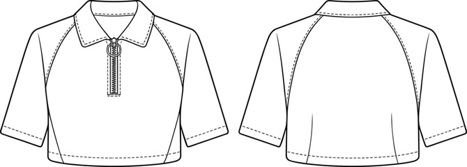 Cropped short sleeve top front and back views, raglan sleeves, zip front with collar, garment CAD vector illustration, fashion flat, clothing design, sewing pattern © Su Joy Creatives