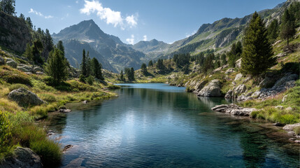 A scenic view of a mountain lake surrounded by trees and mountains under a blue sky