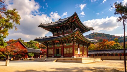 Ornate two-story temple with colorful accents amidst autumn foliage under a vibrant blue sky