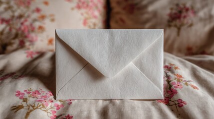 Blank white envelope resting on floral bedding.