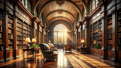 Grand Library Interior with Bookshelves Arched Ceiling and Natural Light Streaming Through Windows