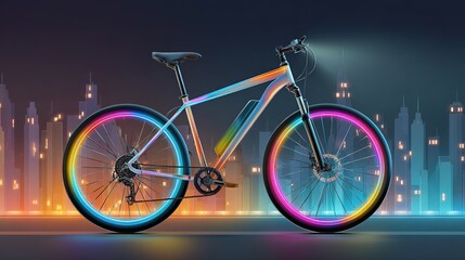 Electric Bike with Multicolor LED Wheel Lights - Urban Night Commuting Scene, Smart City Mobility Illustration, Gradient Frame Tech Design​