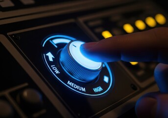 A finger adjusts a glowing blue control knob on audio equipment