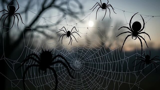 Spooky Halloween scene with silhouetted spiders on a glistening web against a moody sunset backdrop, perfect for seasonal projects
