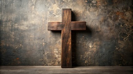 Rustic Wooden Cross Against a Textured Wall Symbolizing Faith and Spirituality