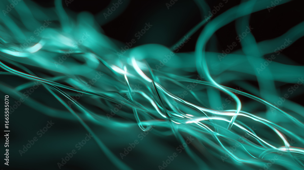 Poster turquoise light trails flowing in darkness creating abstract pattern