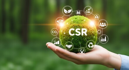 CSR concept with green sphere and icons representing environmental and social responsibility