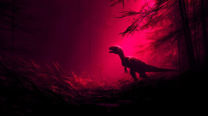 Utahraptor dinosaur emerging from prehistoric red forest at night