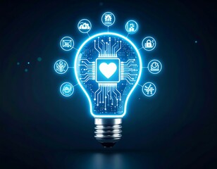 Heart tech innovation with glowing bulb.