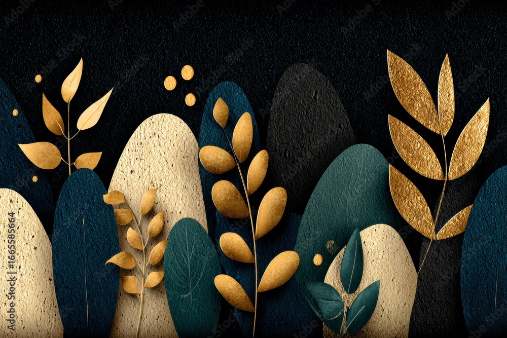 Poster golden foliage on abstract landscape: a captivating abstract composition featuring meticulously craf