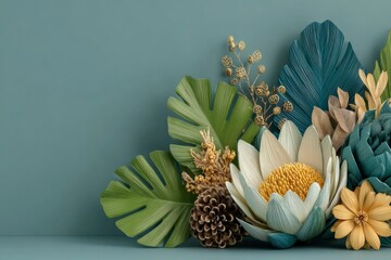 Floral Elegance on Display: A captivating display of artificial floral arrangements, showcasing a blend of natural and artistic beauty, set against a backdrop of teal.