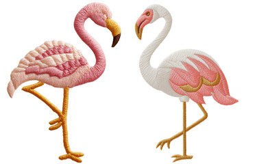 Obraz premium Flamingo embroidery design featuring two elegant birds, one in vibrant pink and other in soft white and pink hues, showcasing intricate stitching and artistic detail