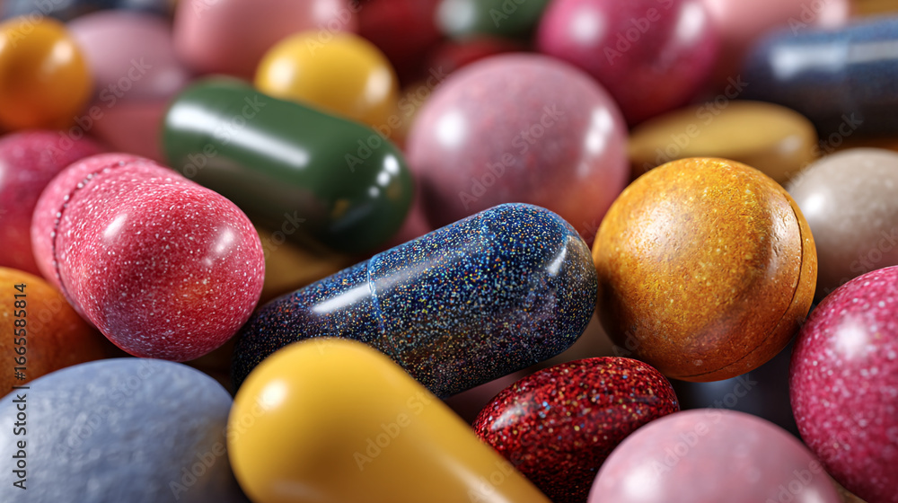 Poster a close up view of assorted colored pills and capsules in a pile together macro shot