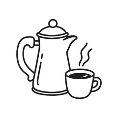  A classic coffee pot with a steaming cup of coffee beside it, simple black and white line art silhouette vector design. 