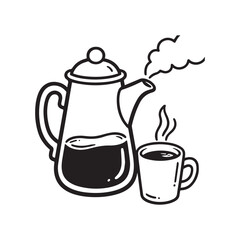  A classic coffee pot with a steaming cup of coffee beside it, simple black and white line art silhouette vector design. 