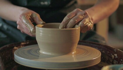 Hands meticulously shape a bowl of clay on a potter's wheel, showcasing a skilled artisan's craft.