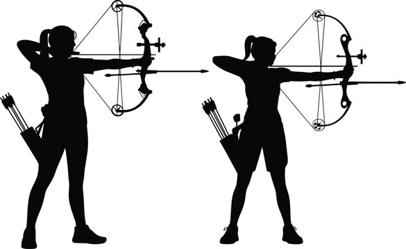 Flat vector illustration of two female archers aiming compound bows, silhouette style, target practice, sports, competition, outdoor activity