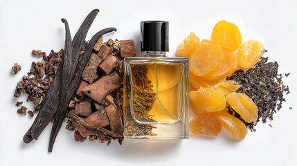 Perfume bottle surrounded by aromatic ingredients displaying the art of perfumery