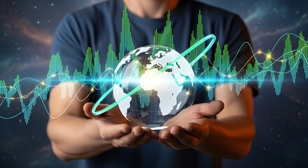 A person cradles a glowing glass Earth globe, surrounded by dynamic data visualizations representing global connectivity and data flow.