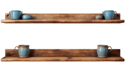 Rustic wooden kitchen shelves with ceramic mugs and teapots rustic home decor storage display isolated on white background