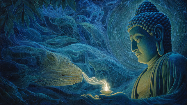 Buddha holding light with mucalinda protecting him during meditation - Powered by Adobe