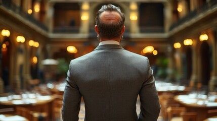 Businessman Standing Alone in Elegant Restaurant Interior