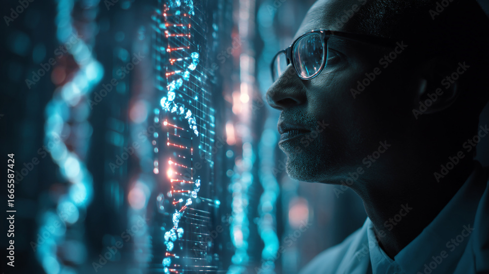 Poster a scientist looking at a dna strand on a screen in a dark laboratory setting
