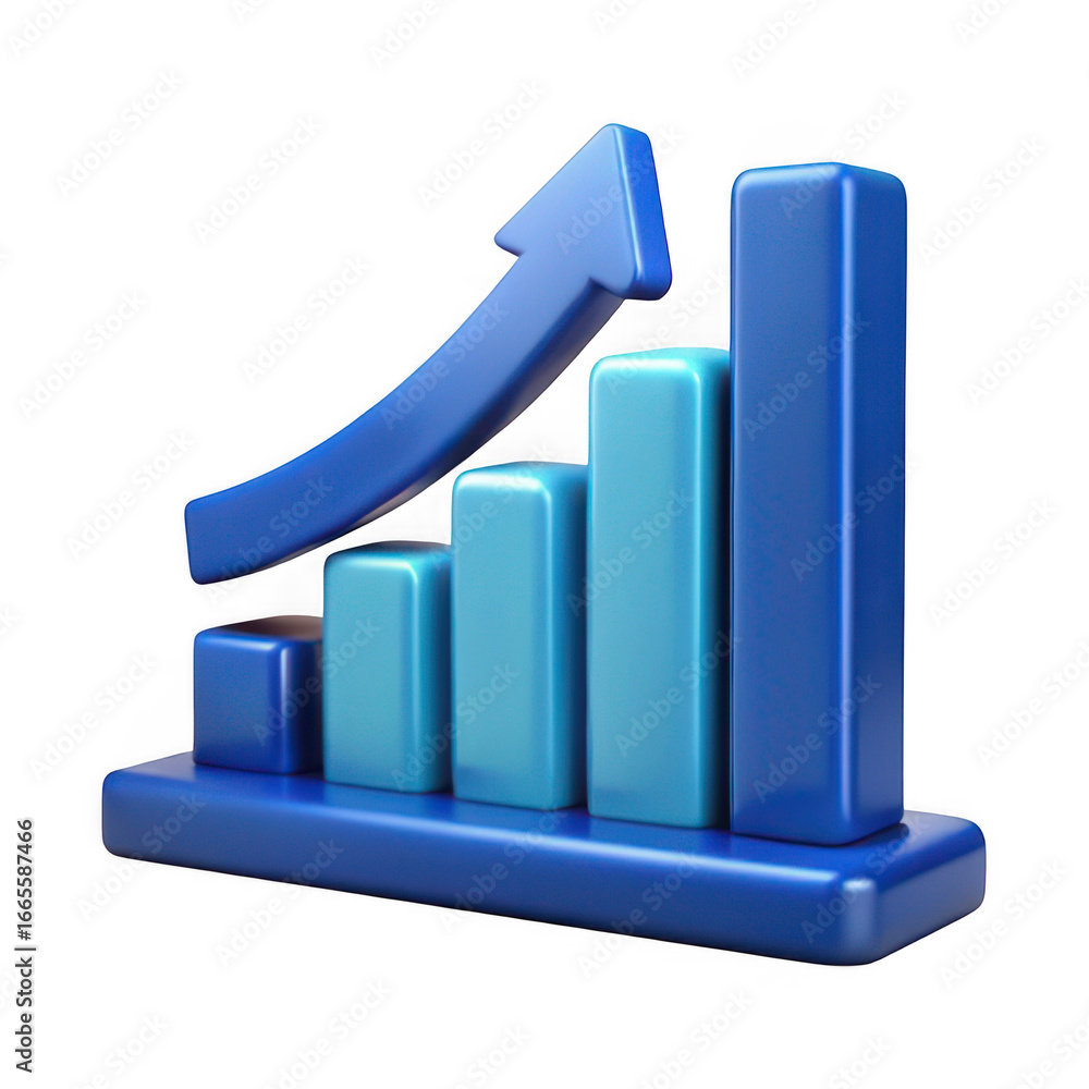 Poster 3d growing bar chart with upward arrow representing success transparent background