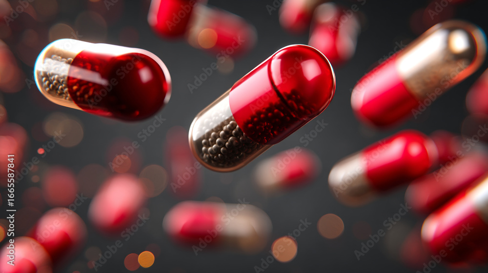 Poster a close up shot of multiple red and transparent capsules floating in the air space