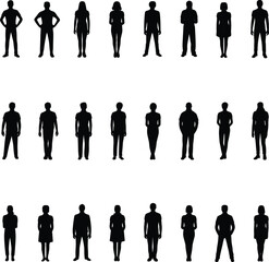 Flat vector illustration of multiple human silhouettes, men and women standing, diverse poses, group people collection, front view, isolated, black