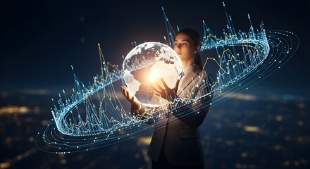 Woman cradles glowing digital globe, encircled by data streams, symbolizing global connectivity and data analysis.
