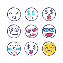 Expressive doodle emoji icons colorful