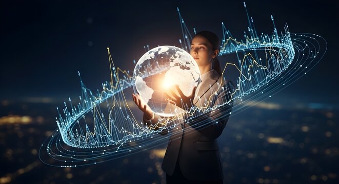 Woman cradles glowing digital globe, encircled by data streams, symbolizing global connectivity and data analysis.
