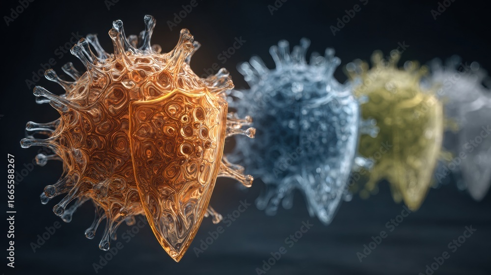 Poster colorful 3d renderings of viruses with distinctive shield-like shapes illustrating various immune re